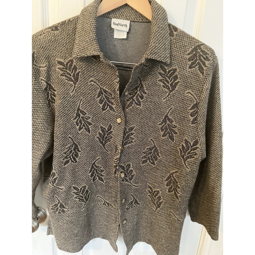 Bon Worth Tweed Tapestry Blazer Jacket Grey Taupe Women Ladies Button Vtg Large